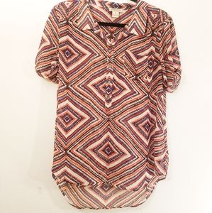 Lucky brand. Multicolored kaleidoscope patterned sheer high low style blouse